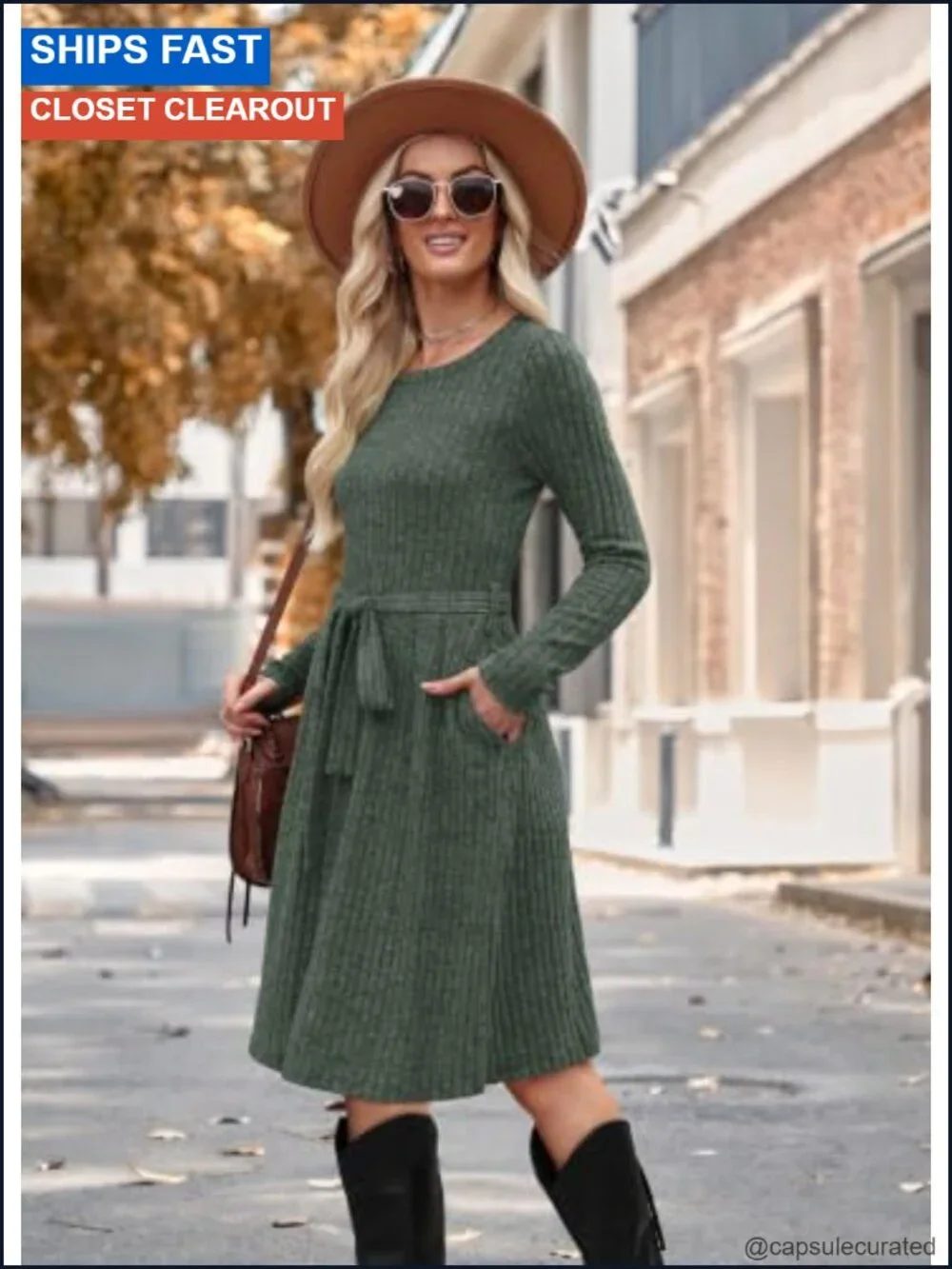 Women's Long Sleeve Sweater Dress with Pockets Crew Neck Midi A-Line Sash